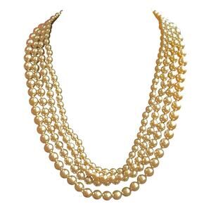 Vintage 80’s 4 Strand Gold Pearl Necklace Ornate Silver Clasp w/Rhinestones